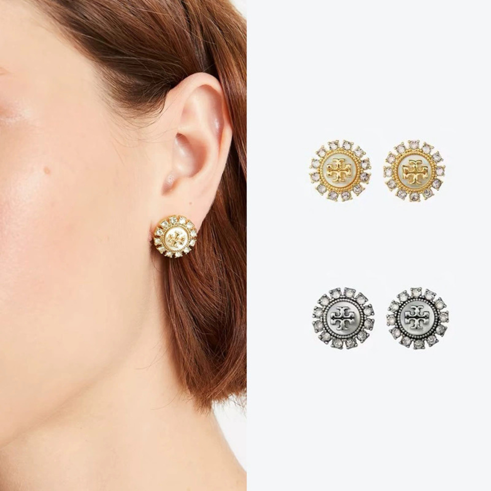 Tory Burch Gold Plated Diamond Cross Stud Earrings